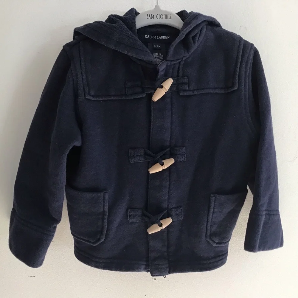Ralph Lauren black label child’s 100% cotton  hooded, zip and toggle 3T jacket.